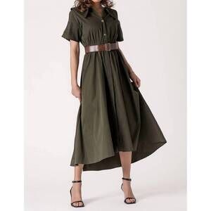 NEW URBAN DAIZY exaggerated collar spring shirt belted midi dress in olive